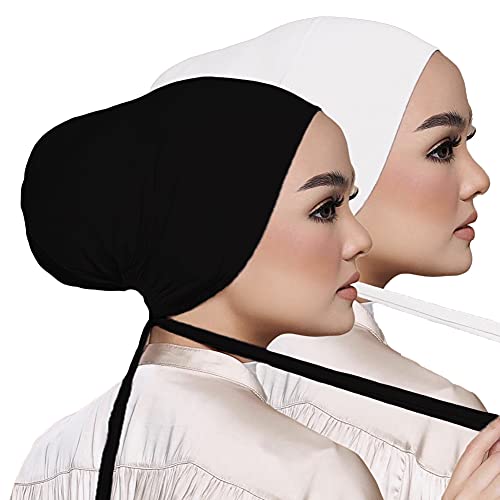 Women Under Scarf Hat Hijab Undercap Islamic Muslim Under Scarf Hijab Cap with Tie-Back Closure - color: Black+white(2pcs)