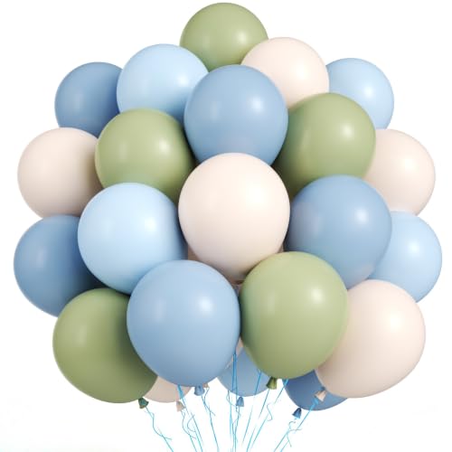 Sage Green and Blue Balloons, 50Pcs 12 Inch Boho Neutral Party Decorations - color: Green Blue White