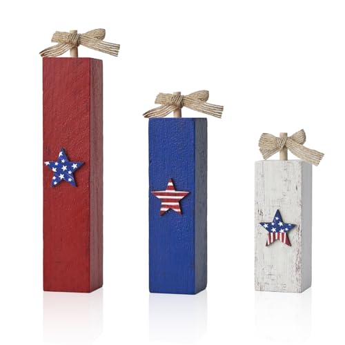 Smile Wooden Patriotic Star Decor Blocks - 3-Piece Red, White, Blue Distressed Design, Tabletop Shelf Accents for 4th of July & American Holiday Decoration - style: 4th Star