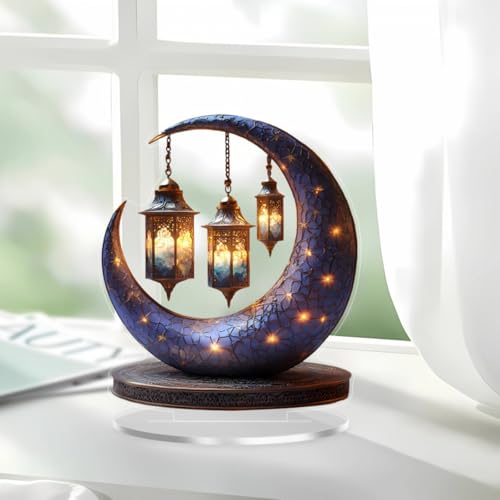 Eid Mubarak Crescent Moon Table Decoration with LED Lights and Hanging Lanterns, 7.87 Inch