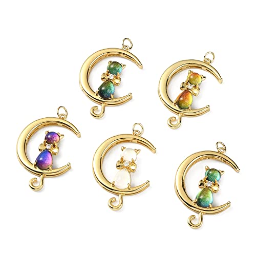 LiQunSweet 5 Pcs Random Color Cubic Zirconia Crescent Moon Cat Charms Links for Bracelet Earrings Jewelry Making - color: Cat Moon Random Color Charms_5 Pcs