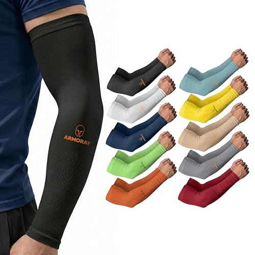 ARMORAY Arm Sleeves for Men and Women - UV Sun Protection Cooling Compression - Tattoo Cover Up Sleeve for Daily Wear & Work - color: ( 10 Pair) Black + White + Navy + Gray + Orange + Aqua Blue + Yellow + Beige + Green + Red
