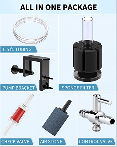 Pawfly Aquarium Air Pump with Nano Bio Sponge Filter Kit Air Control Valve Airline Tubing and Check Valve Accessories - style: 3-20 Gal