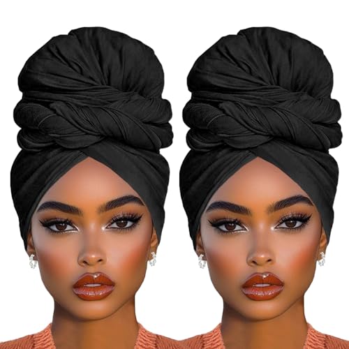 COOKOO 2 Piece Head Wraps Stretch Jersey Turban Fashion Head Scarf African Women's Solid Color Head Wrap Soft Extra Long Head Scarf Lightweight Breathable Head Bands for Black Women(Black+Black) - color: Black+Black