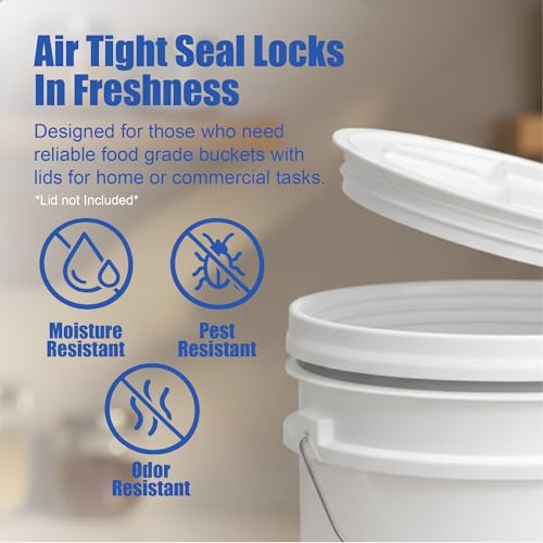 5 Gallon Bucket - Food Grade Bucket BPA-Free, White, 6 Packs | Metal Handle Grip, Heavy-Duty 90 Mil HDPE Plastic Pail, Food Safe Stackable Utility Container, Lid Not Included, Made in USA - color: White, size: 6 Packs