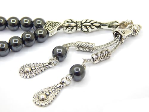 Perlin Muslim Prayer Beads 33 Bead Black Hematite Tasbih – Islamic Misbaha Subha Dhikr Beads with 8 mm Hematite Gemstone Beads and 925 Sterling Silver Imam, Ottoman Style Prayer Rosary, 26 cm