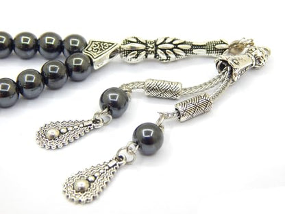 Perlin Muslim Prayer Beads 33 Bead Black Hematite Tasbih – Islamic Misbaha Subha Dhikr Beads with 8 mm Hematite Gemstone Beads and 925 Sterling Silver Imam, Ottoman Style Prayer Rosary, 26 cm