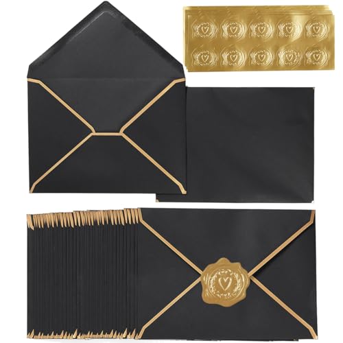 100 Pack A7 Envelopes 5x7 Black Gold Border 5.32x7.28 Inches - color: Black, size: 5.32 x 7.28 Inches