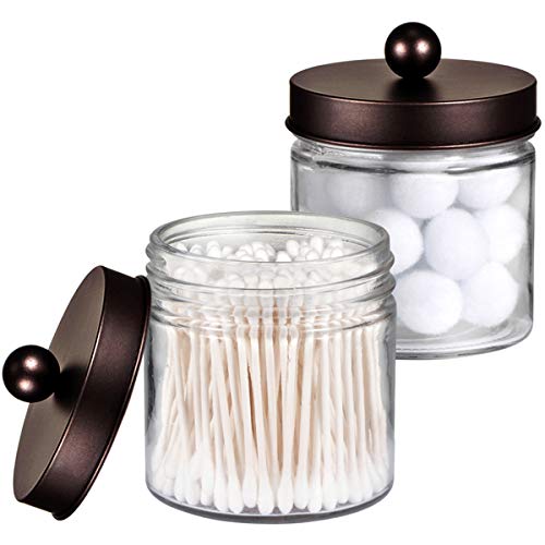 SheeChung Glass Mason Jar Qtip Holder, Bronze Stainless Steel Lids, 2 Pack | Clear Apothecary Jar Canisters Set,Bathroom Jar Dispenser,Vanity Storage Organizer for Cotton Swab,Ball,Floss,Farmhouse Decor - color: Bronze, size: 2 Pack