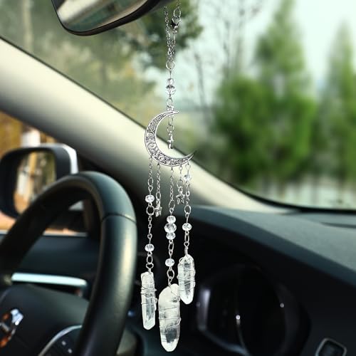 Car Rear View Mirror Accessories, Witchy Hanging Ornament, Cute, Unique Moon and Star Boho Rearview Decor Charm Handmade White Jade Crystal Beads Swinging Interior Decor for Women Men - color: Moon&star