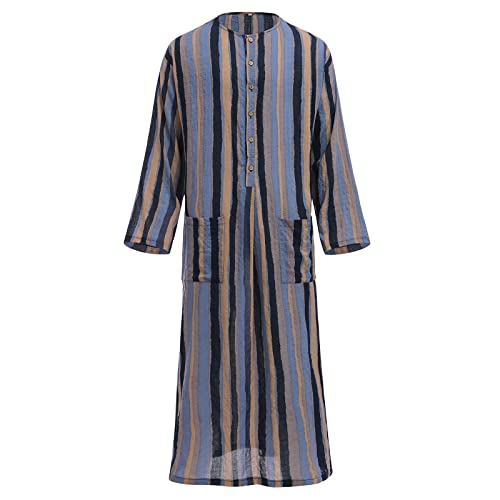 IDOPIP Men's Muslim Thobe Long Sleeve Striped Robe Gown Arab Islamic Kaftan Abayas Dress Middle East Dubai Ramadan Clothing - color: Blue, size: Small