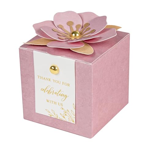 FEIYI 20 PCS Favor Boxes, 3 In 1 Dusty Rose Candy Boxes with Floral Decor, White Thank You Tags Gold Foil Print Gift wrapping for Wedding, Baby Shower, Birthday, Decorations Party - 2.55x2.55x2.55 - color: Dusty Rose, size: Small-(2.55")