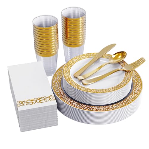 FOCUSLINE 175 Ct Gold Dinnerware Set for 25 Guests, Plastic Plates with Gold Lace Rim Design, Including 25 Disposable Dinner & Dessert Plates, Cups, Napkins, Cutlery Set - color: Gold Dinnerware Set