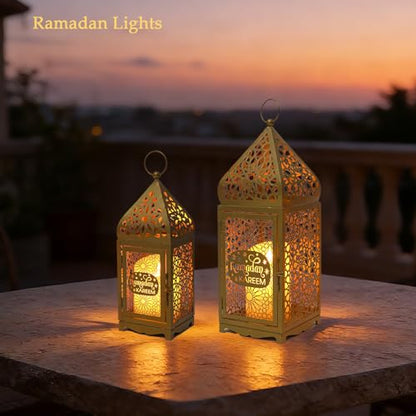 Ramadan Lanterns Gold Metal Islamic Fanous Hanging Candle Holder Decor for Ramadan & Eid, Eid Decorations for Home Table Window Porch, Large 14.6" & 11.4" Set of 2