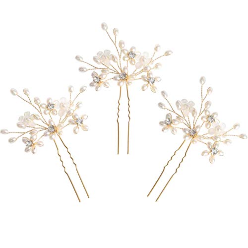 Elegant Pearl Wedding Hair Pins, Pack of 3 (Gold) - color: Gold