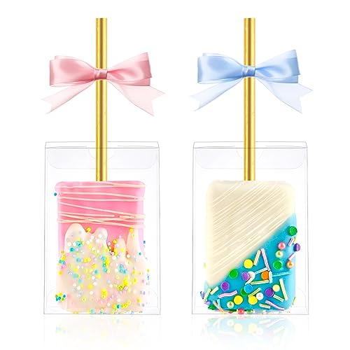 Jutieuo 45 PCS 3.5x2.4x1.38 Inches Clear Rice Krispie Treat Boxes with Hole Individual Cakesicle Boxes Transparent PET Plastic Candy Macaron Boxes Baby Shower Party Favors Box - color: 3.5x2.4x1.38 Inch