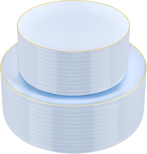 PULOTE 100PCS Blue Plastic Plates - Disposable Light Blue Include 50 Dinner & 50 Dessert/Salad Plates for Party, Wedding & Birthday - color: Light Blue