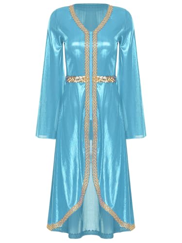 Women Muslim Abaya Dress Long Sleeve High Waist Embroidery Sparkly Caftan Islamic Evening Gown - color: Blue, size: Large