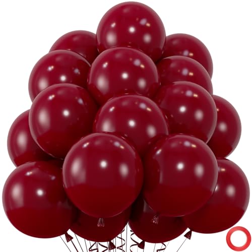 50pcs Burgundy Balloons, 12inch Matte Burgundy Red Balloon for Valentine's Day Anniversary Graduation Wedding Birthday Party Decor (With Ribbon & Adhesive Dots) - color: Burgundy