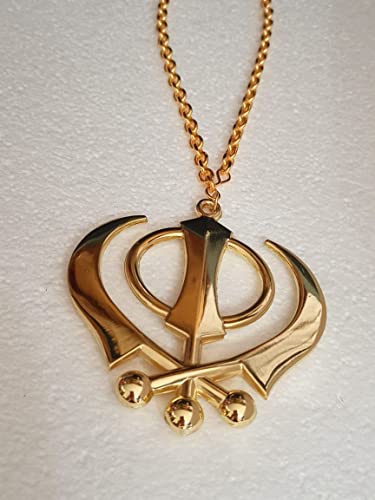 BEXCO Sikh Khanda Sahib Metal Car Hanging Rear View Mirror Show Piece - Complete with Chain (8 cm, Golden) - color: Golden, size: 8 cm
