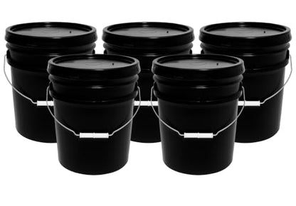 5-Gallon Bucket with Airtight Lid – Made in USA, Food Grade BPA Free Plastic, Heavy Duty Multi-Use, Metal Handle with Grip, Stackable Storage – Black, 5 Pack - color: 5 Gallon - Black, size: 5