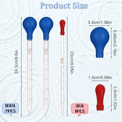 3Pcs Glass Pipettes Dropper, 10ml Graduated Liquid Dropper with Rubber Bulb for Laboratory, Medicine, School, Food, Research