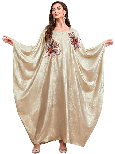 Qianliniuinc Women Muslim Maxi Dress Abaya - Lady Long Sleeve Maxi Dress Dubai Gown Jalabiya One Size - color: Apricot