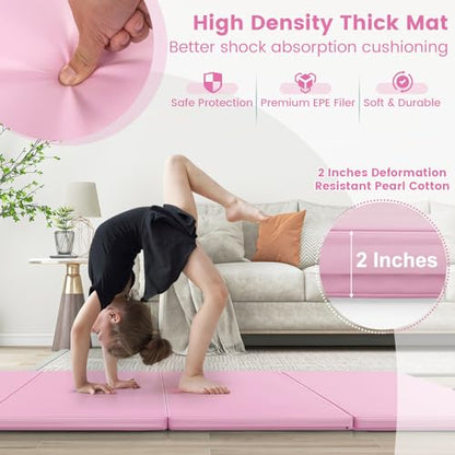 Goplus Folding Gymnastics Mat, 10’ x 4’ x 2’’ Thick Tumbling Mats with PU Leather, Hook & Loop Fasteners, Portable Handles, 4-Panel Exercise Mat for Home Gym Workouts, Yoga - color: Pink