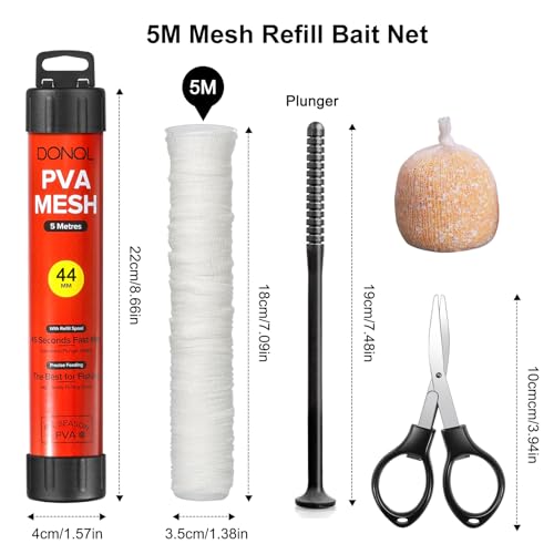 DONQL 5M PVA Mesh Carp Fishing 45" PVA Bags PVA Mesh Bags for Carp Fishing | Fast Water Soluble Mesh Bags, Scissors, Plunger, PVA Bags Carp Fishing Refill Stocking for Boilie Rig Pellets Bags Holder - size: 44mm