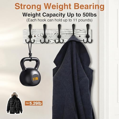 Wooden Coat Rack Wall Mount Heavy Duty, 2 Pack Coat Hanger Wall Mount with 5 Triple Hooks for Clothes, Jacket, Hat, Keys, Space Saving Entryway Organizer for Mudroom (Whte Plate & Black Hooks) - color: Whte Plate & Black Hooks