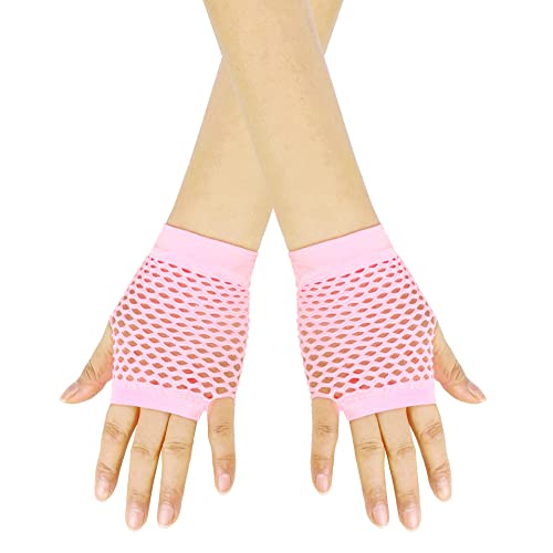 Short Fishnet Gloves for Women Fingerless Mesh Fishing Net Gloves 80s Fish Net Arm Sleeves Halloween Party Cosplay Costume - color: Pink