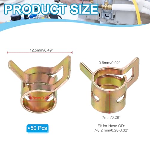 PATIKIL Spring Band Hose Pipe Clamps for 7-8.2 mm OD Hose, 50 Pack Silicone Vacuum Constant Tension Band Clips for Fuel Line Silicone Air Hose Tube Water Pipe, Gold - size: 7-8.2 mm