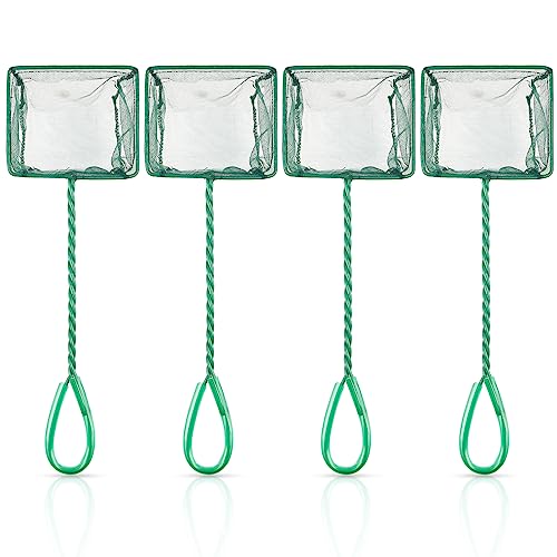 Pawfly Aquarium Fish Net with Braided Metal Handle Square Net with Soft Fine Mesh Sludge Food Residue Wastes Skimming Cleaning Net for Fish Tanks Small Koi Ponds and Pools - style: 4 Inch(4 Pack)