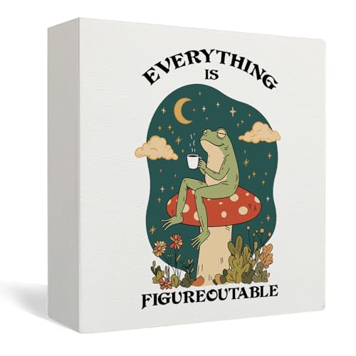 Everything Is Figureoutable Inspirational Frog Wood Box Sign Decor, Cottagecore Frog Motivational Wooden Block Sign Decorations for Home Office Desk Shelf Table Accessories 5x5 Inches - color: Everything