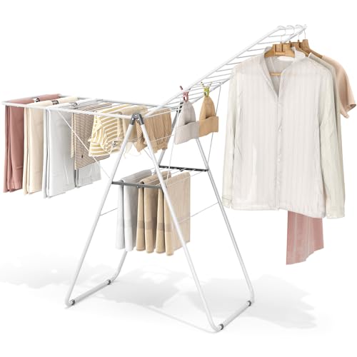 KINGBOARD Clothes Drying Rack Foldable, Metal Drying Rack Clothing with Height-Adjustable, Laundry Rack, Indoor Outdoor Use, No Assembly, 20.47"x 70"x 42.52", White - color: White