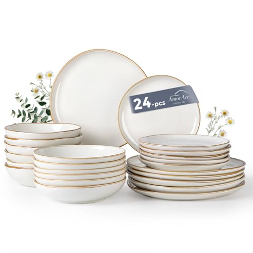 AmorArc Ceramic Dinnerware Sets for 6, 24Pcs Plates and Bowls Sets Dishes - color: Pearl White, size: Service for 6(24Pcs)