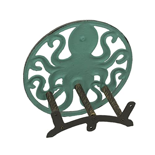Zeckos Octopus Garden Hose Holder, 12 Inch Verdigris Cast Iron Wall Mount | Holds About 75-100 Ft of 5/8 Inch Hose, Three-Point Mounting, Bolts and Anchors Included - color: Octopus - Green