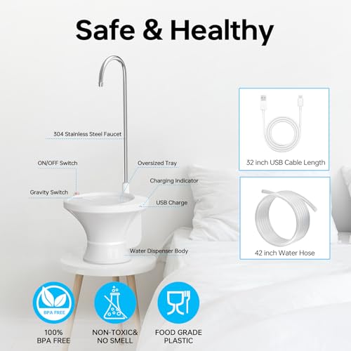 Water Dispenser for 5 Gallon Bottle, Electric Drinking Water Bottle Pump for 2-5 Gallon Jugs, USB Rechargeable Water Pump with 2 Switch Control for Home, Office, Camping - color: White