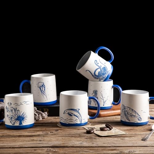 AmorArc Large Coffee Mugs Set of 6, 18oz Ceramic Coffee Cups with Sea Life Textured Patterns for Tea Latte Cocoa. Easy to Hold&Clean, Dishwasher&Microwave Safe, Matt White - color: Matte White