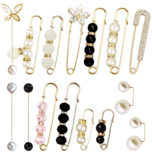15PCS Pearl Brooch Safety Pins, Pant Waist Tightener Sharp Pins for Sweater Shawl Collar Dress Cardigan Shirt Jeans Clothes Accessories Decoration for Women - style: Vintage