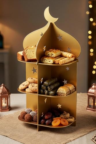3-Tier Minaret Metal Serving Stand for Ramadan Iftar - Islamic Home Office Decor Tray - Organizer for Dates, Sweets, Nuts - Yellow