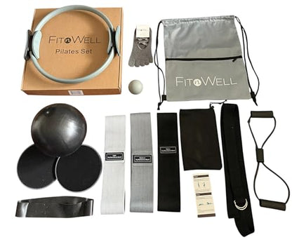 14 pc Complete Pilates set: 15" Pilates Ring, small Ball, Fabric Resistance Bands, Figure 8 Band, Elastic band, Stretching strap, Massage ball, Pilates grip socks, Gliding discs, Drawstring bag