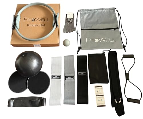 14 pc Complete Pilates set: 15" Pilates Ring, small Ball, Fabric Resistance Bands, Figure 8 Band, Elastic band, Stretching strap, Massage ball, Pilates grip socks, Gliding discs, Drawstring bag