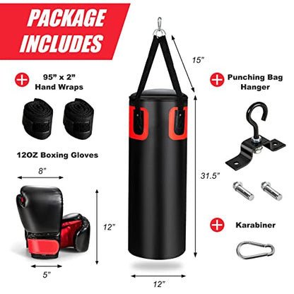 GYMAX Punching Bag Set, 56lbs Prefilled Heavy Duty Boxing Bag for Adults with 12OZ Punching Gloves & Two 95" Hand Wraps, 360°Hanging Kick Punching Bag for MMA Karate