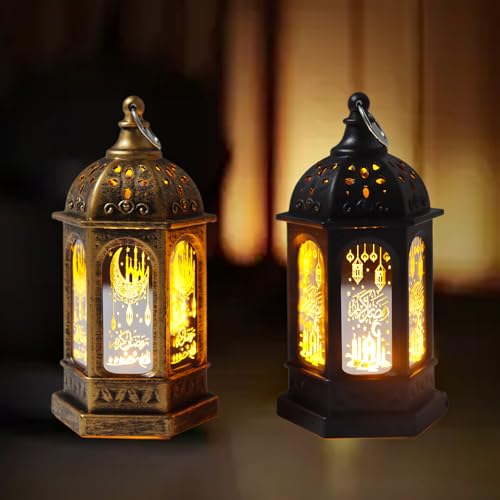 2PCS LED Ramadan Lantern Lights Gold Moon Castle Meteor Design for Eid Mubarak Gifts, Home Decorations, Table, Wall, and Eid Centerpieces - color: gold black