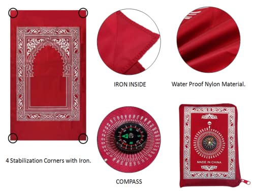 Islamic Prayer Mat,Muslim Prayer Carpet,with Compass Pocket Sized Carry Bag,1 Pieces Muslim Travel Prayer Mat and Attached Compass,Islamic Prayer Rug,with Compass,Red