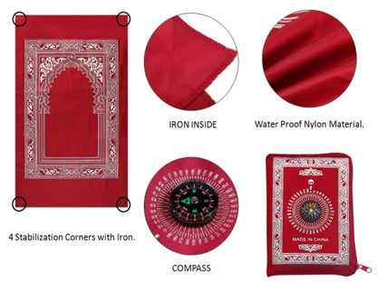 Islamic Prayer Mat,Muslim Prayer Carpet,with Compass Pocket Sized Carry Bag,1 Pieces Muslim Travel Prayer Mat and Attached Compass,Islamic Prayer Rug,with Compass,Red