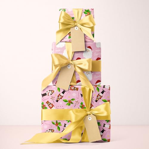 RUSPEPA Pink Christmas Wrapping Paper Sheets, Pink Santa, Nutcracker, Candy Cane, Holly & Snowflakes Design, Holiday Gift Wrap for Girls, Kids, Xmas Gifts, Crafts, 6 Folded Sheets, 19.68 X 27.5 Inch - color: Pink Xmas Design