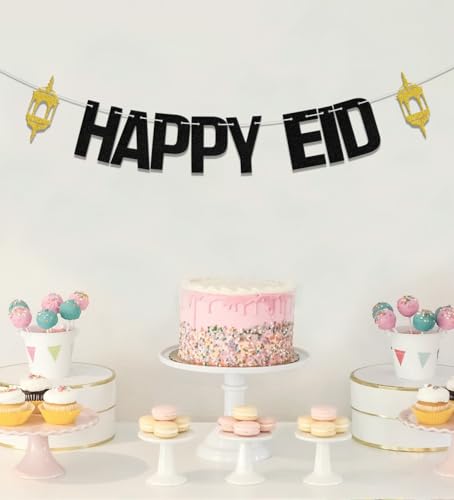 Happy Eid Banner, Eid Festival Party Decor, Umrah Mubarak Banner, 2024 Eid Mubarak Hajj Mubarak Islamic Muslim Festival Party Supplies Gold Black - color: Black