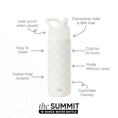 Simple Modern Insulated Water Bottle with Straw | 18oz | Checkered | Summit Stainless Steel Water Bottles, Metal Cup | Leak Proof for School, Gym, Travel, Sports | Cream Checkmate - color: Pattern: Cream Checkmate, style: 18oz